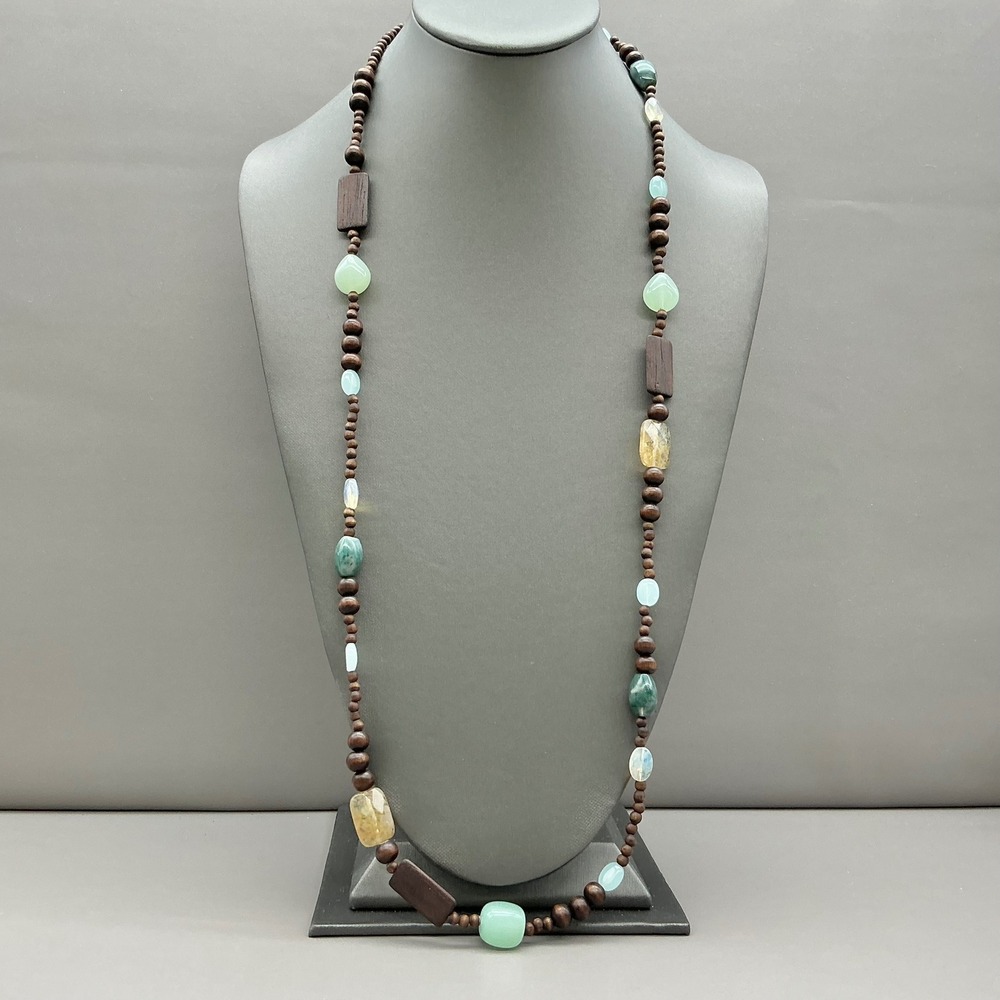 Beaded Necklace Women Brown Mixed Stone Wood Boho Long Statement Jewelry 28"